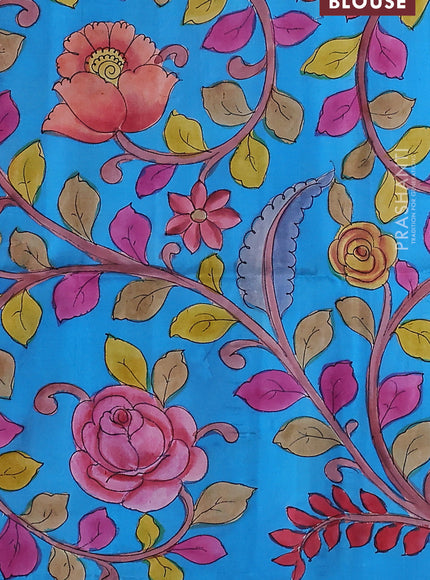 Pure soft silk saree dark peach and cs blue with plain body and kalamkari hand painted border & pallu