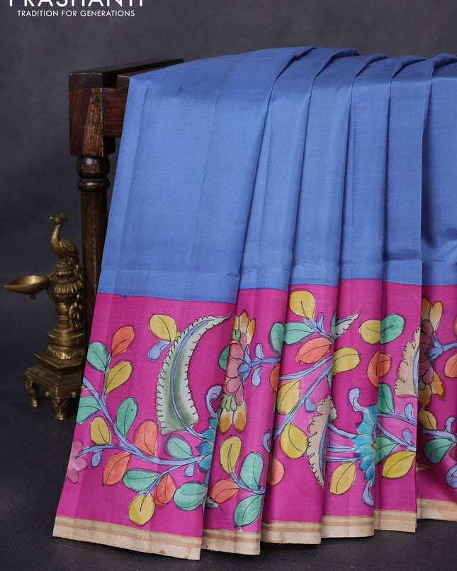 Pure soft silk saree blue shade and purple with plain body and kalamkari hand painted pallu