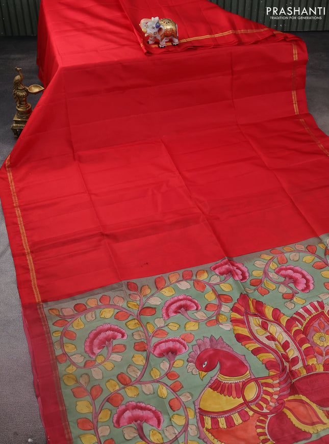 Pure soft silk saree red and pastel green with plain body and kalamkari hand painted pallu