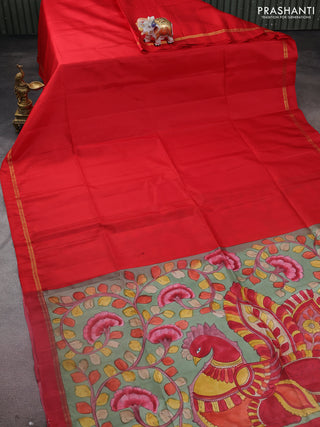 Pure soft silk saree red and pastel green with plain body and kalamkari hand painted pallu