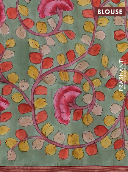 Pure soft silk saree red and pastel green with plain body and kalamkari hand painted pallu