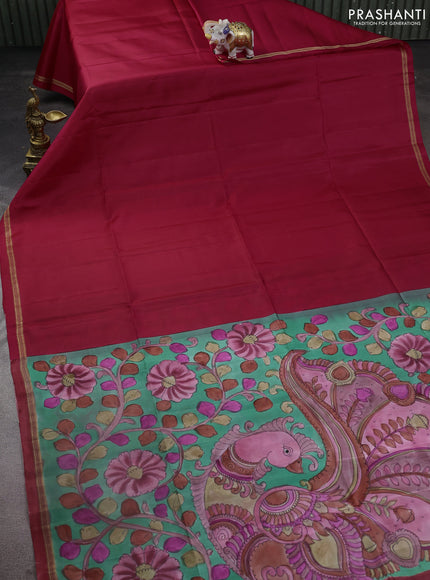 Pure soft silk saree tomato red and pastel green with plain body and kalamkari hand painted pallu