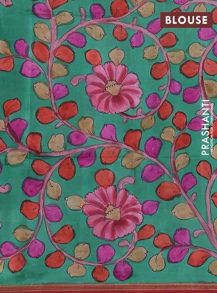 Pure soft silk saree tomato red and pastel green with plain body and kalamkari hand painted pallu