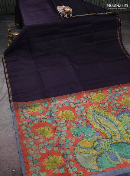 Pure soft silk saree dark navy blue and orange with plain body and kalamkari hand painted pallu