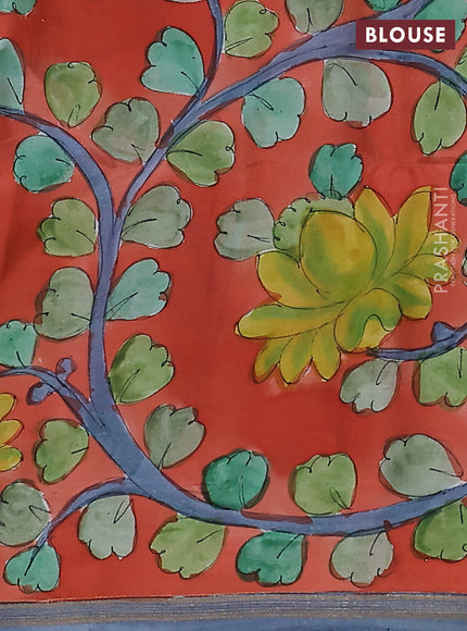 Pure soft silk saree dark navy blue and orange with plain body and kalamkari hand painted pallu