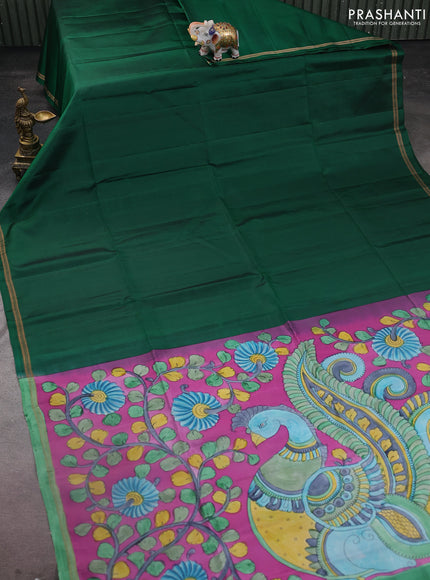 Pure soft silk saree green and magenta pink with plain body and kalamkari hand painted pallu