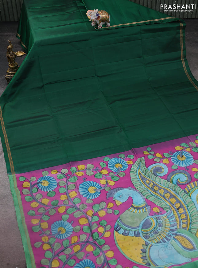 Pure soft silk saree green and magenta pink with plain body and kalamkari hand painted pallu