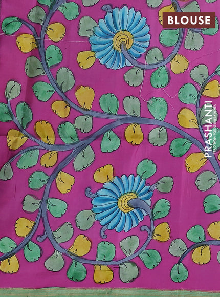Pure soft silk saree green and magenta pink with plain body and kalamkari hand painted pallu