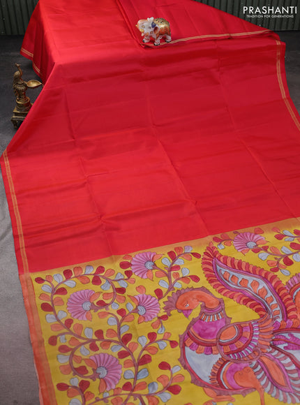 Pure soft silk saree dual shade of pinkish orange and yellow with plain body and kalamkari hand painted pallu