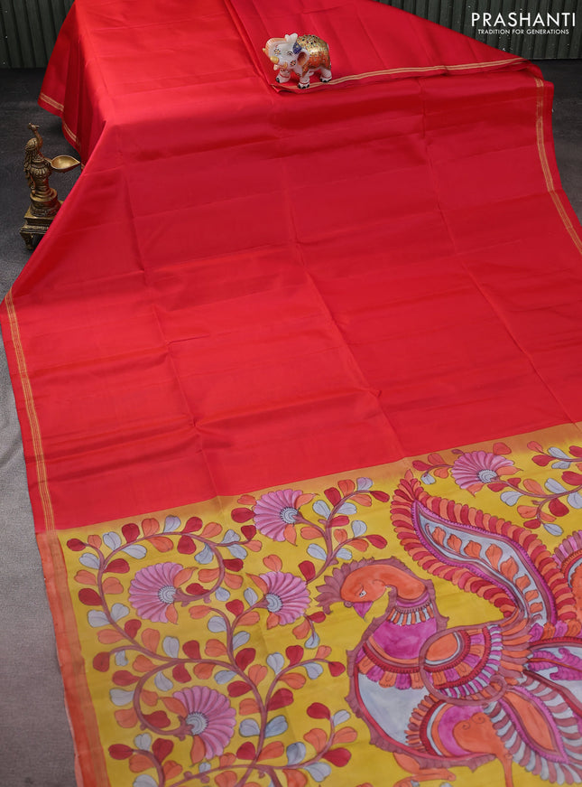 Pure soft silk saree dual shade of pinkish orange and yellow with plain body and kalamkari hand painted pallu