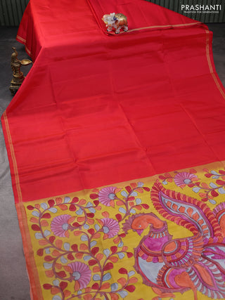 Pure soft silk saree dual shade of pinkish orange and yellow with plain body and kalamkari hand painted pallu