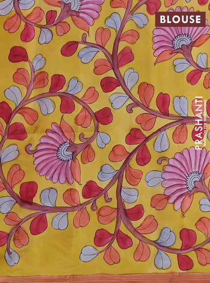 Pure soft silk saree dual shade of pinkish orange and yellow with plain body and kalamkari hand painted pallu
