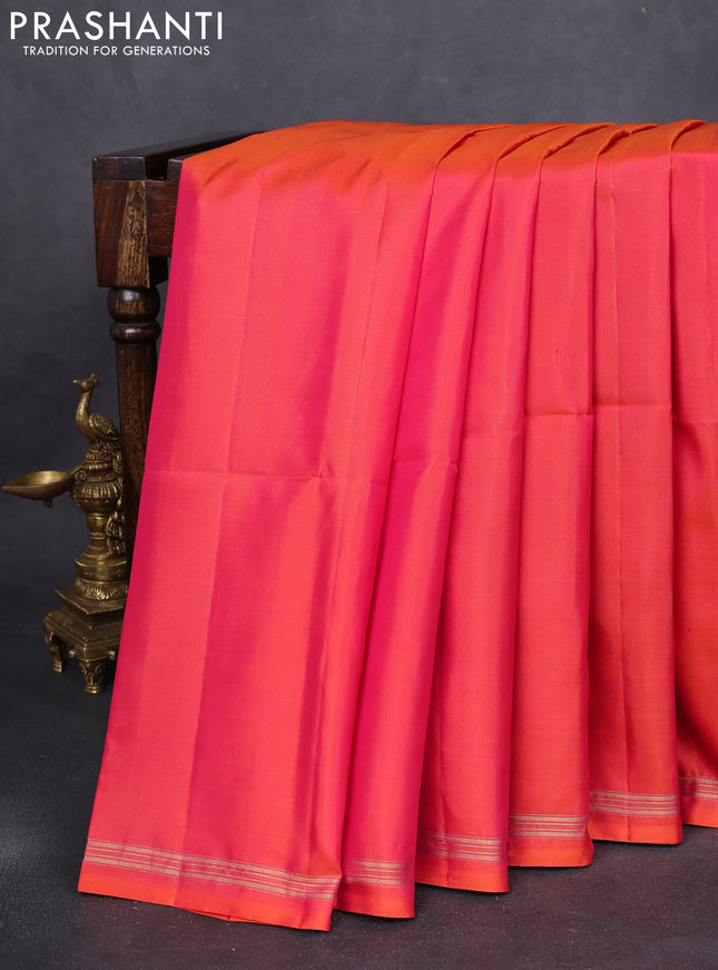 Pure soft silk saree dual shade of pinkish orange and pastel green with plain body and kalamkari hand painted pallu