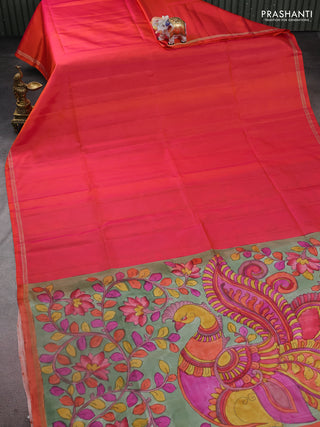Pure soft silk saree dual shade of pinkish orange and pastel green with plain body and kalamkari hand painted pallu