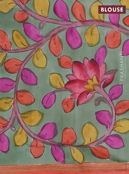 Pure soft silk saree dual shade of pinkish orange and pastel green with plain body and kalamkari hand painted pallu