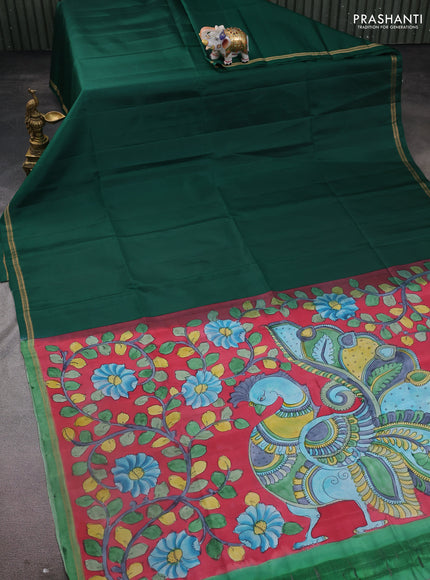 Pure soft silk saree green and maroon with plain body and kalamkari hand painted pallu