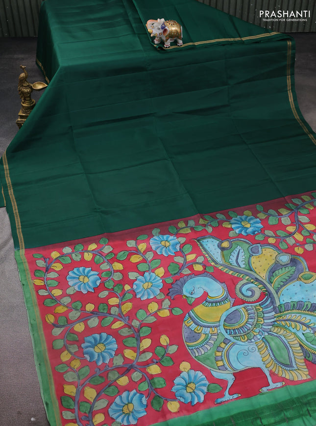 Pure soft silk saree green and maroon with plain body and kalamkari hand painted pallu