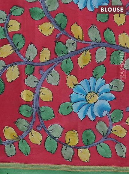 Pure soft silk saree green and maroon with plain body and kalamkari hand painted pallu