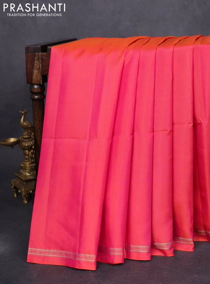 Pure soft silk saree dual shade of pinkish orange and yellow with plain body and kalamkari hand painted pallu