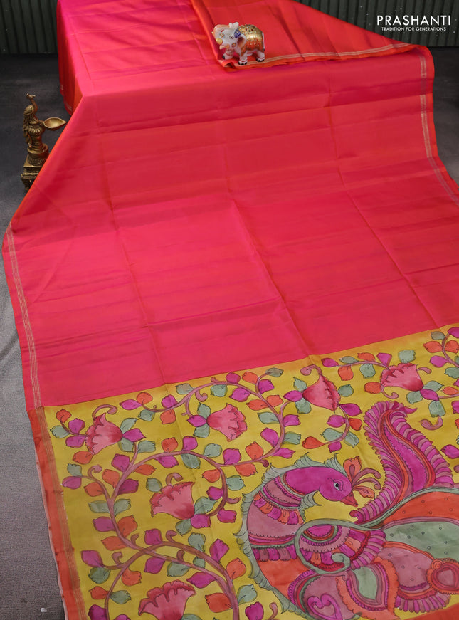 Pure soft silk saree dual shade of pinkish orange and yellow with plain body and kalamkari hand painted pallu