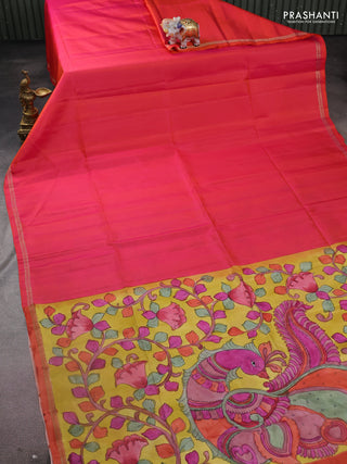 Pure soft silk saree dual shade of pinkish orange and yellow with plain body and kalamkari hand painted pallu
