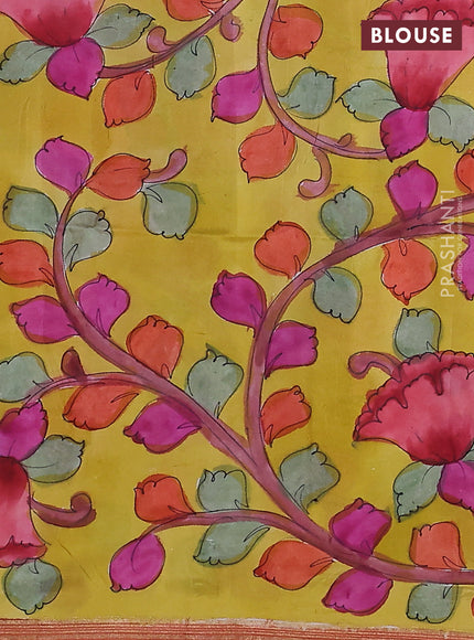 Pure soft silk saree dual shade of pinkish orange and yellow with plain body and kalamkari hand painted pallu