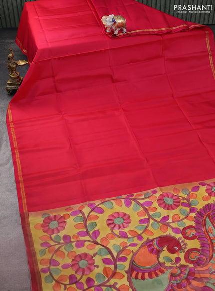 Pure soft silk saree reddish pink and mustard yellow with plain body and kalamkari hand painted pallu