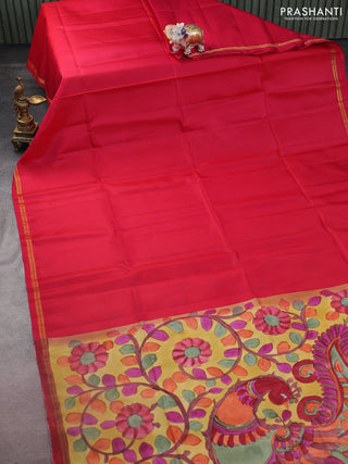 Pure soft silk saree reddish pink and mustard yellow with plain body and kalamkari hand painted pallu