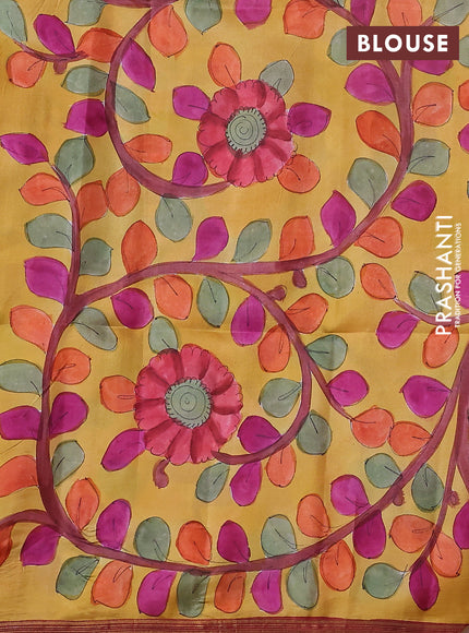 Pure soft silk saree reddish pink and mustard yellow with plain body and kalamkari hand painted pallu