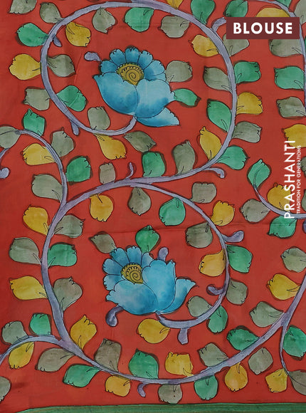 Pure soft silk saree teal shade and dark peach orange with plain body and kalamkari hand painted pallu