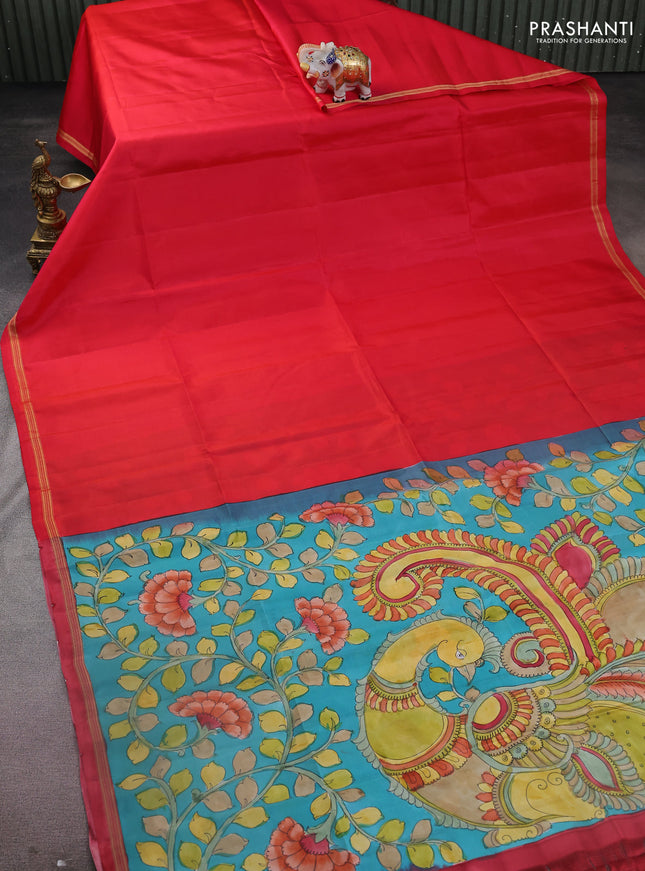 Pure soft silk saree reddish pink and teal blue with plain body and kalamkari hand painted pallu