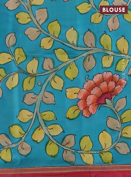 Pure soft silk saree reddish pink and teal blue with plain body and kalamkari hand painted pallu