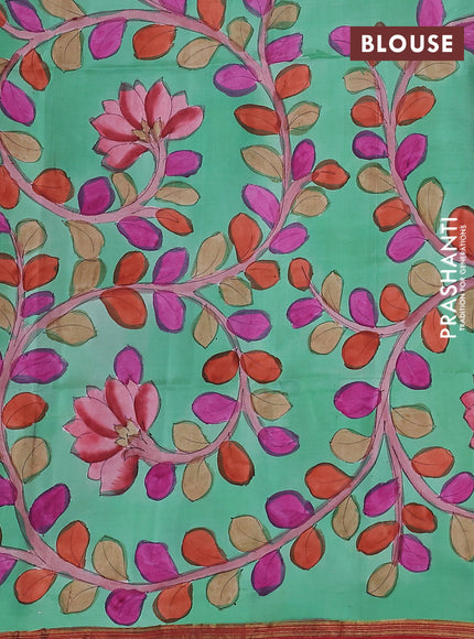 Pure soft silk saree maroon and pastel green with plain body and kalamkari hand painted pallu