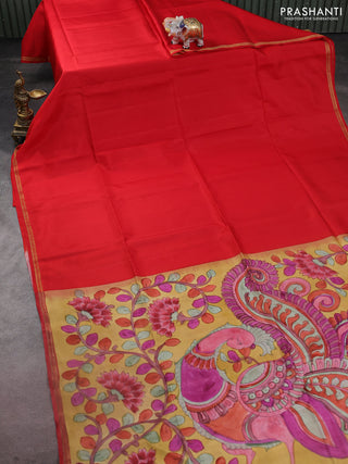 Pure soft silk saree red and yellow shade with plain body and kalamkari hand painted pallu
