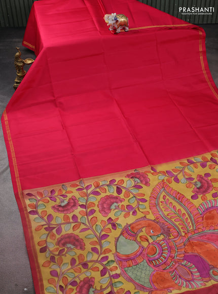 Pure soft silk saree dual shade of pink and yellow with plain body and kalamkari hand painted pallu