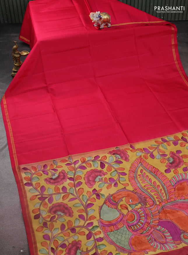 Pure soft silk saree dual shade of pink and yellow with plain body and kalamkari hand painted pallu