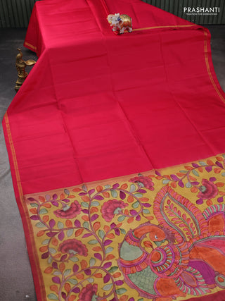 Pure soft silk saree dual shade of pink and yellow with plain body and kalamkari hand painted pallu