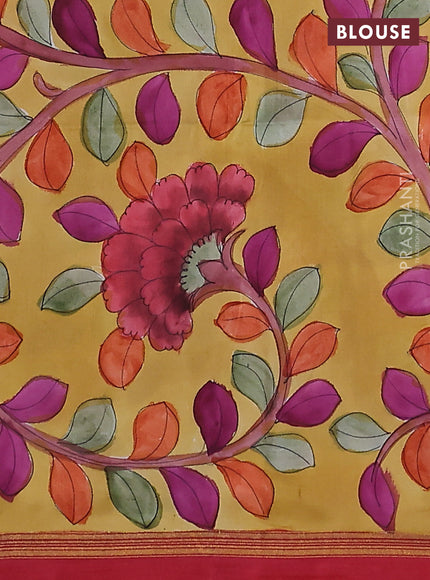 Pure soft silk saree dual shade of pink and yellow with plain body and kalamkari hand painted pallu