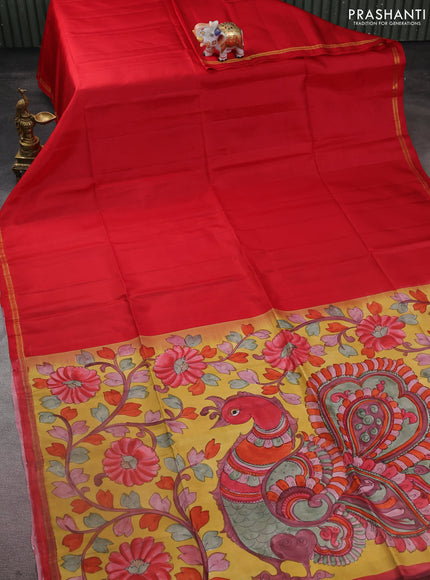 Pure soft silk saree red and yellow with plain body and kalamkari hand painted pallu