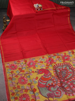 Pure soft silk saree red and yellow with plain body and kalamkari hand painted pallu