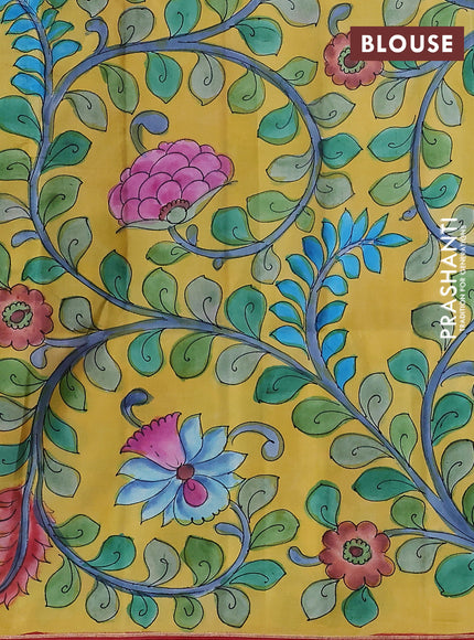 Pure soft silk saree red and yellow with plain body and kalamkari hand painted pallu