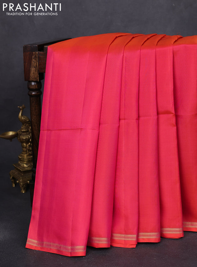 Pure soft silk saree dual shade of pinkish orange and pastel green with plain body and kalamkari hand painted pallu