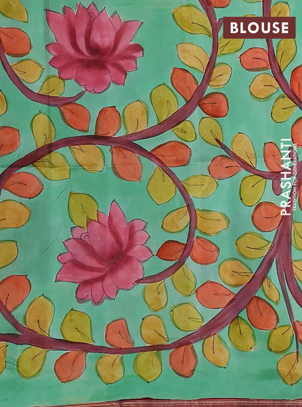 Pure soft silk saree dual shade of pinkish orange and pastel green with plain body and kalamkari hand painted pallu