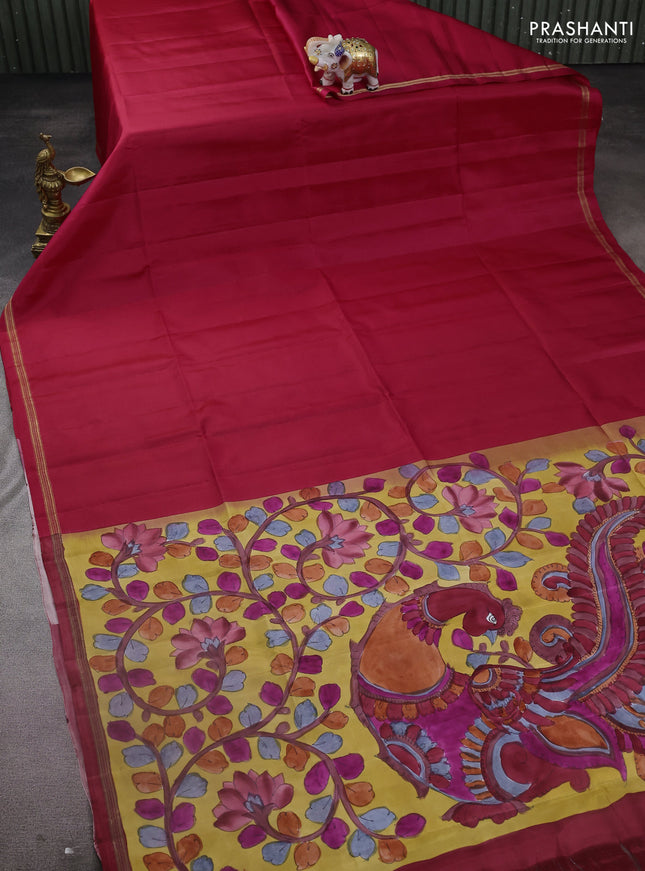 Pure soft silk saree pink and yellow with plain body and kalamkari hand painted pallu