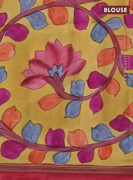 Pure soft silk saree pink and yellow with plain body and kalamkari hand painted pallu