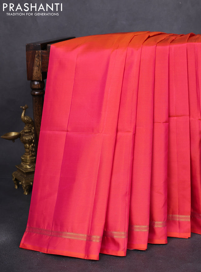 Pure soft silk saree dual shade of pinkish orange and yellow with plain body and kalamkari hand painted pallu