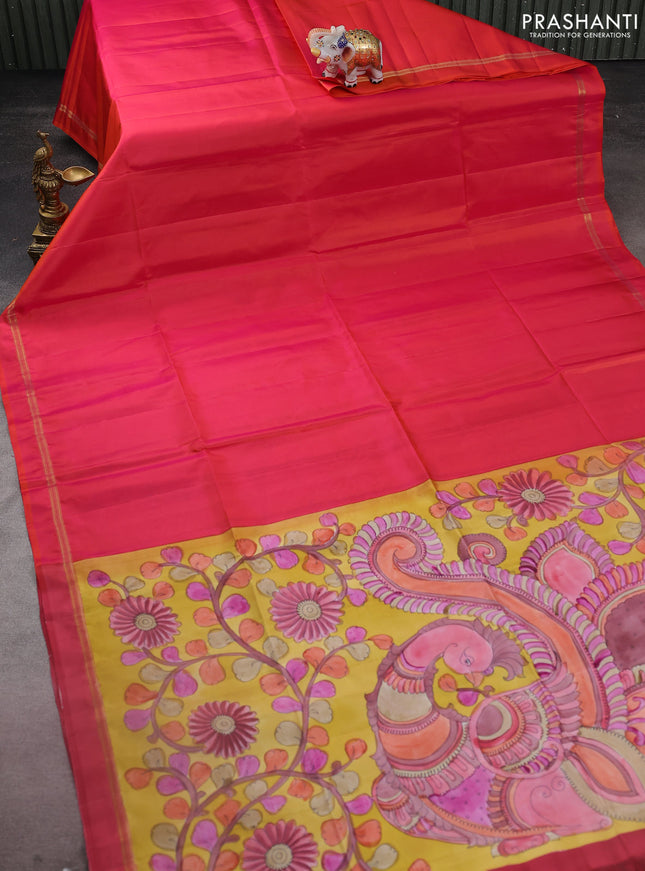 Pure soft silk saree dual shade of pinkish orange and yellow with plain body and kalamkari hand painted pallu