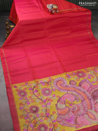 Pure soft silk saree dual shade of pinkish orange and yellow with plain body and kalamkari hand painted pallu