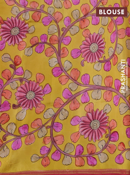 Pure soft silk saree dual shade of pinkish orange and yellow with plain body and kalamkari hand painted pallu