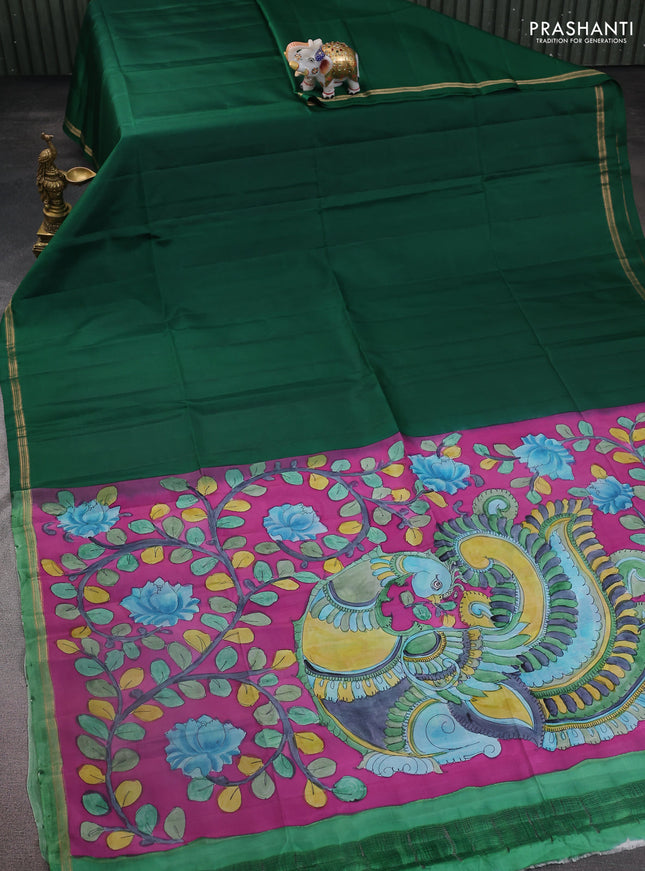 Pure soft silk saree green and purple with plain body and kalamkari hand painted pallu
